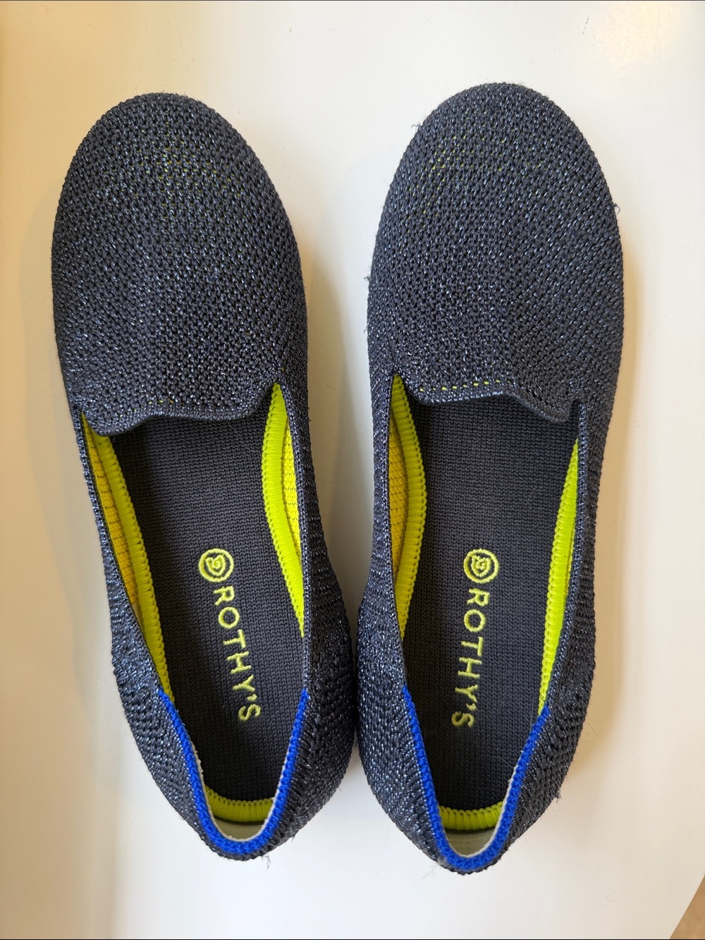 Rothy's Shimmery Blue Flats with Neon Yellow Under Layer Size 4